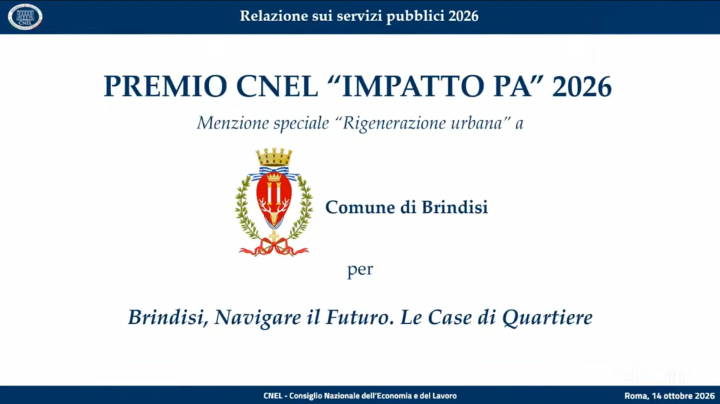 Premio CNEL Impatto PA 2026: menzione Rigenerazione urbana alle Case di Quartiere di Brindisi