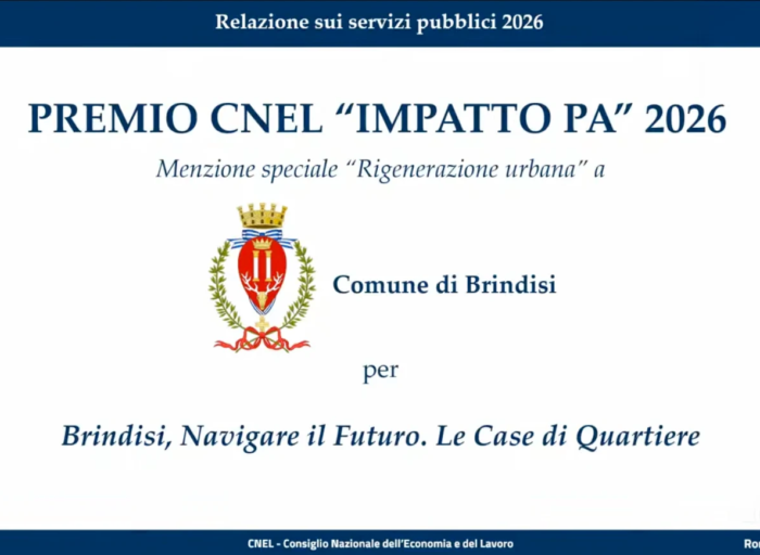 Premio CNEL Impatto PA 2026: menzione Rigenerazione urbana alle Case di Quartiere di Brindisi