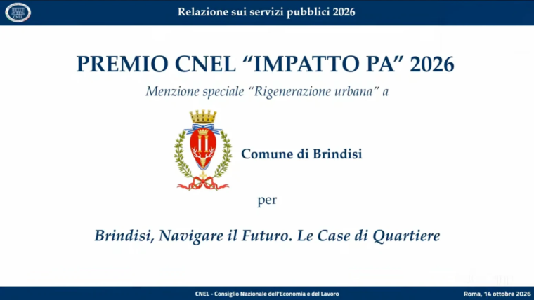 Premio CNEL Impatto PA 2026: menzione Rigenerazione urbana alle Case di Quartiere di Brindisi